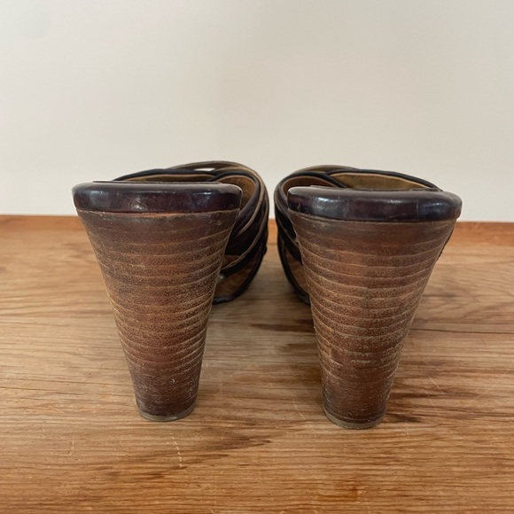 Frye Reese Brown Leather Wood Stacked Heels Sandal Slides Shoes Women’s Sz 9 - Picture 5 of 10